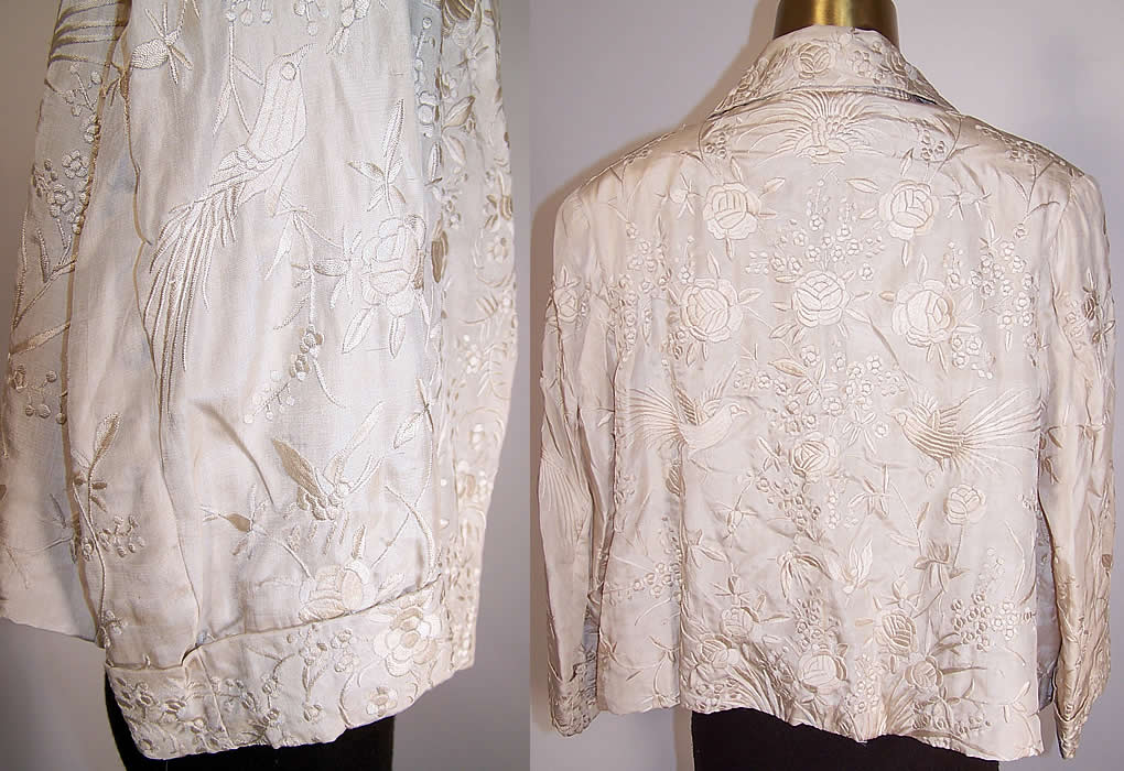 Antique White Silk Embroidered Floral Bird Canton Wedding Shawl Coat Jacket side view close up & back view