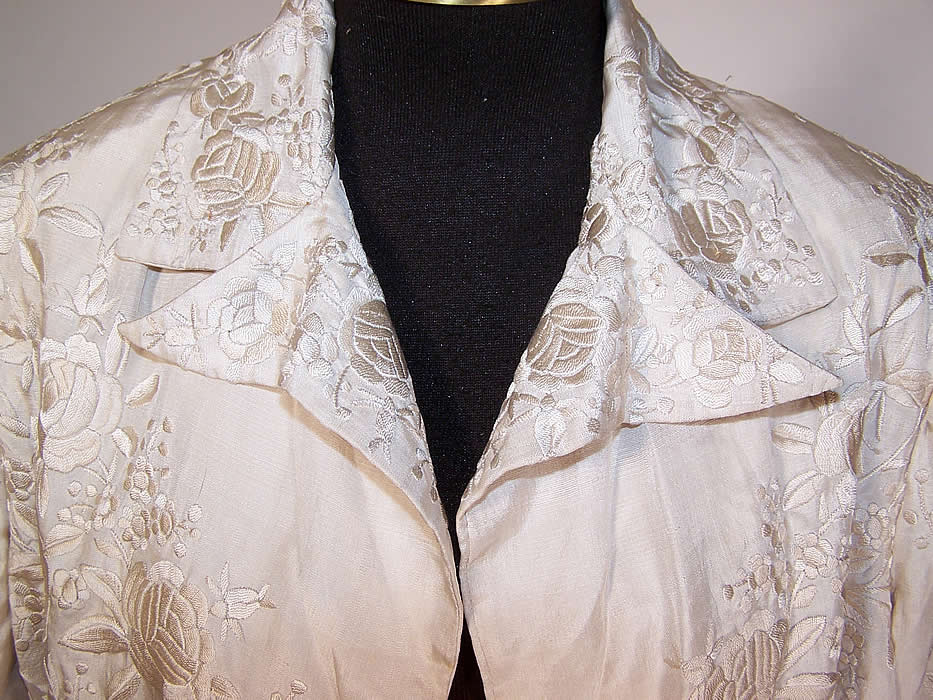 Antique White Silk Embroidered Floral Bird Canton Wedding Shawl Coat Jacket close up