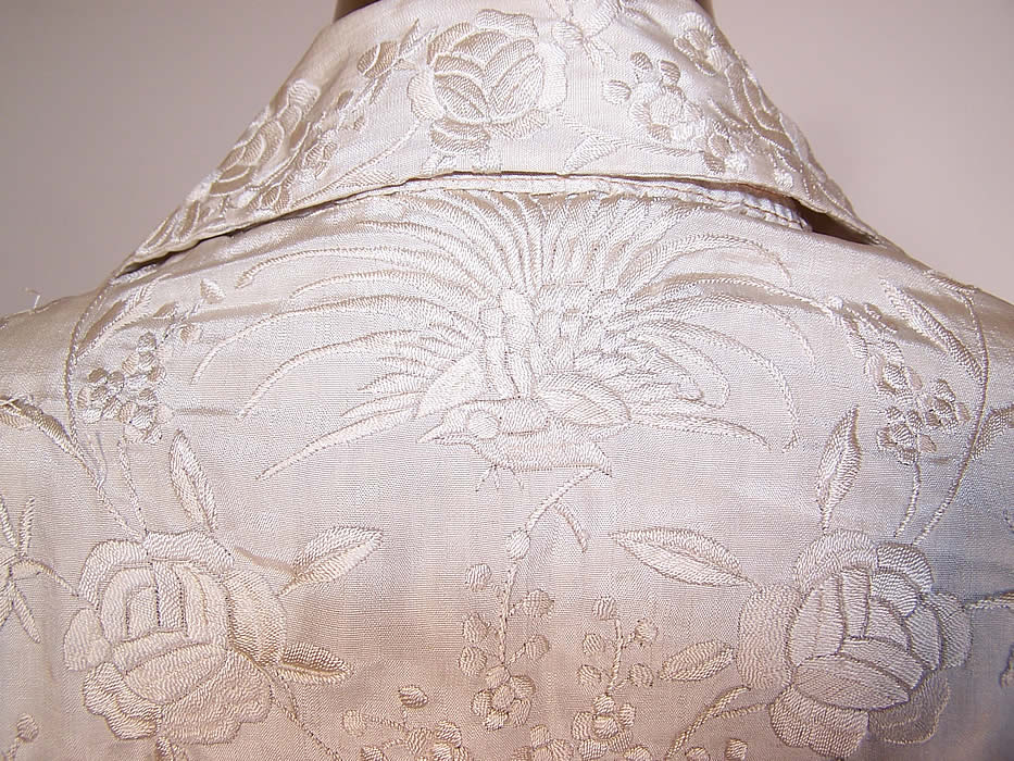 Antique White Silk Embroidered Floral Bird Canton Wedding Shawl Coat Jacket back close up.