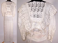 1910 Edwardian White Silk Tambour Embroidery Net Lace Bridal Wedding Gown Dress