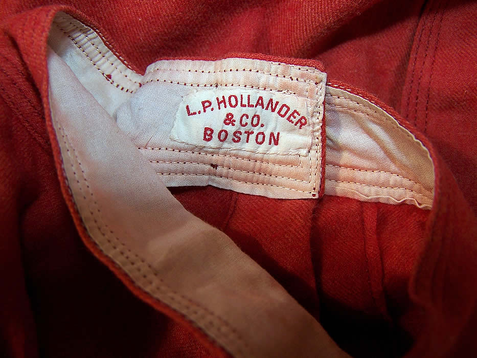 Edwardian Childrens Red Wool Boys Sailor Suit Pants Dress label close up.