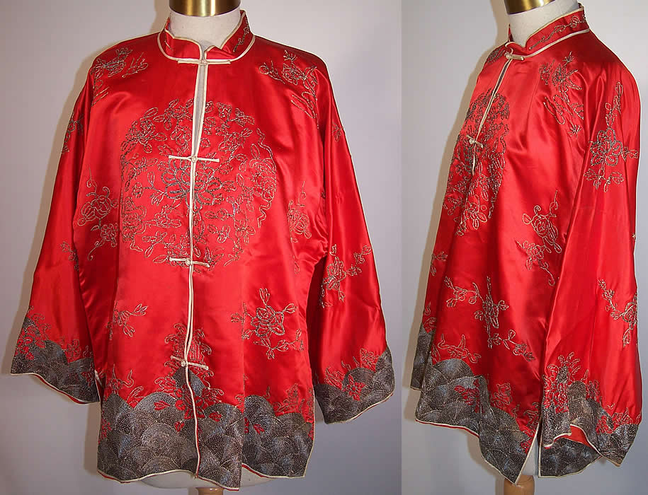 Vintage Chinese Red Silk Silver Embroidery Couching Peony Robe Jacket