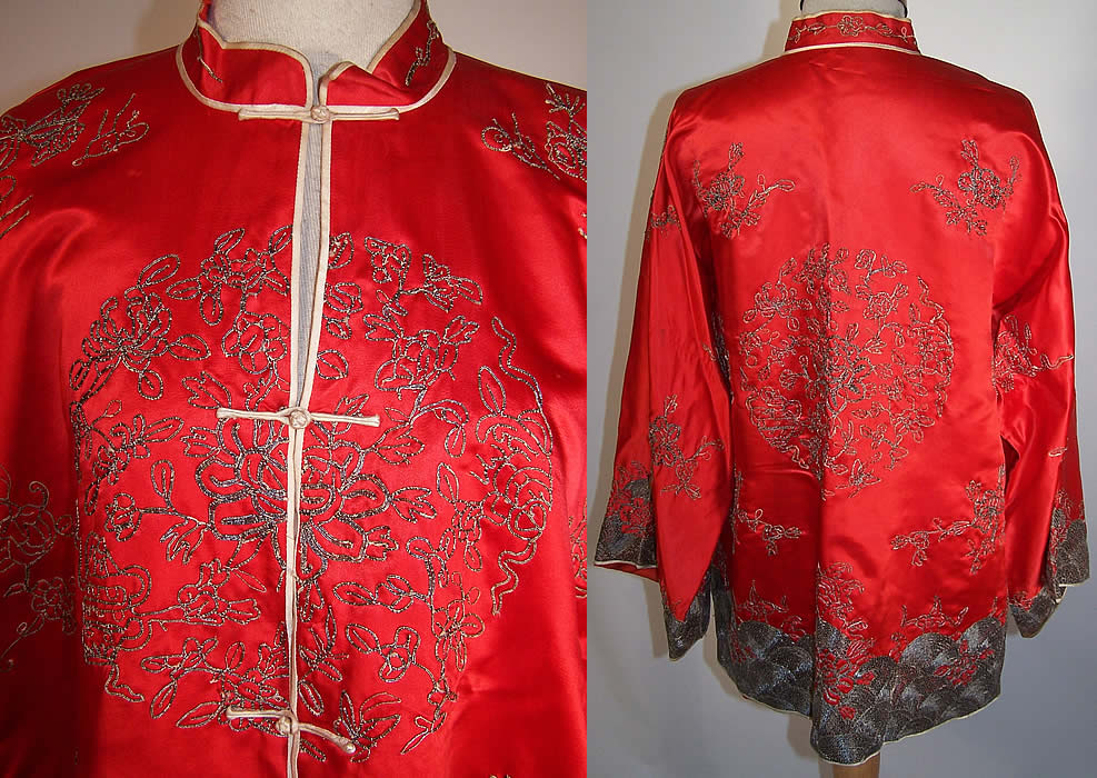 Vintage Chinese Red Silk Silver Embroidery Couching Peony Robe Jacket close up & back view.