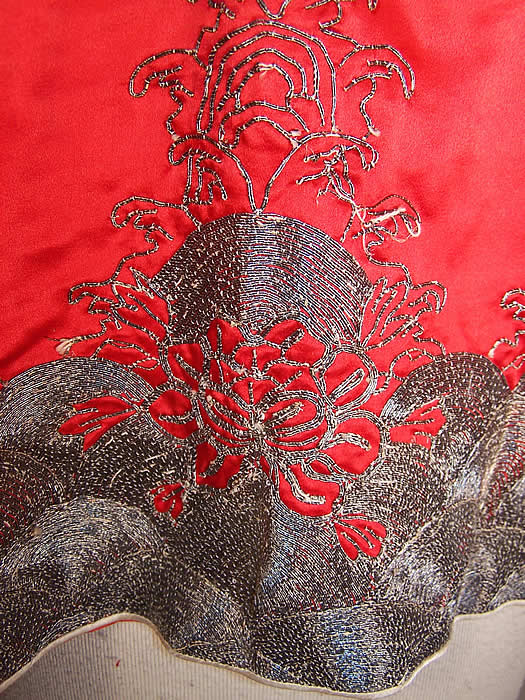 Vintage Chinese Red Silk Silver Embroidery Couching Peony Robe Jacket close up