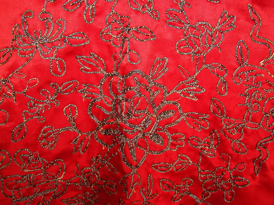 Vintage Chinese Red Silk Silver Embroidery Couching Peony Robe Jacket closer close up.