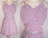 Vintage 1940s Seersucker Striped Red White Blue Pinup Playsuit Romper Dress