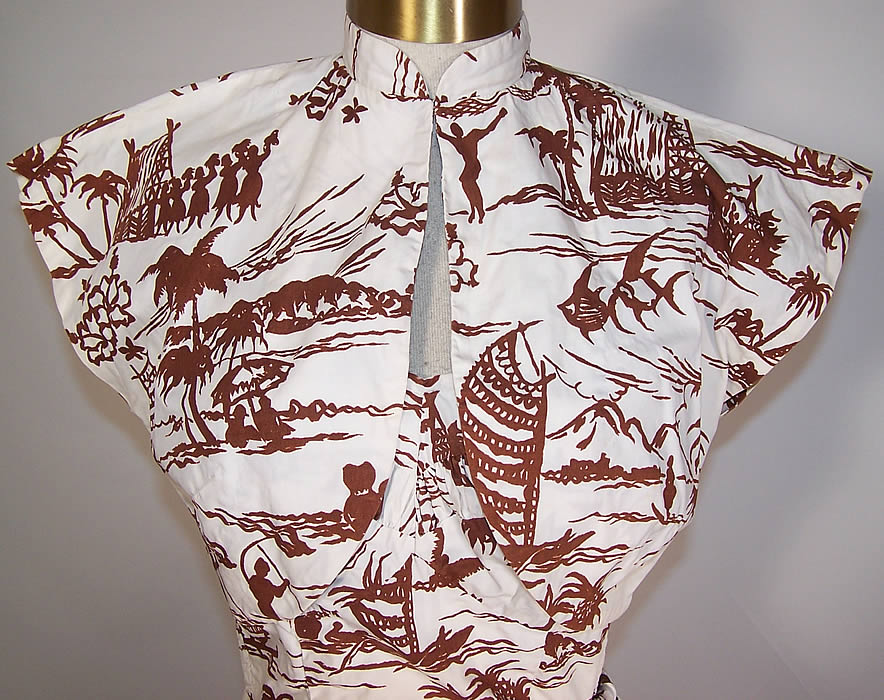 Vintage Lauhala Hawaiian Print Cotton Sexy Sarong Dress Bolero Jacket close up