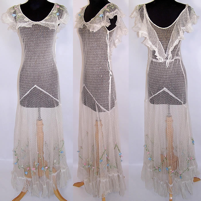 Vintage White Polka Dot Net Pastel Rosette Embroidered Ruffle Bias Cut Dress Gown