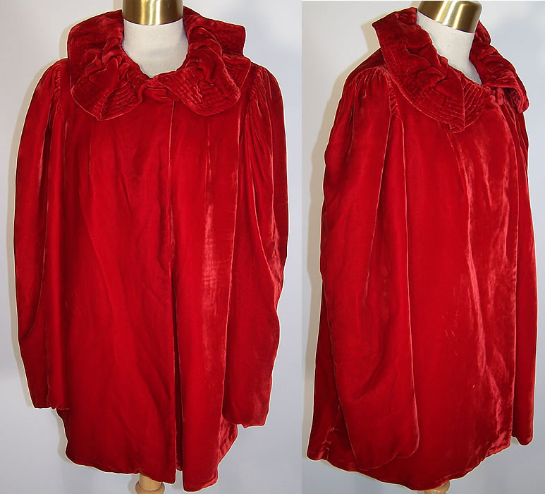 Vintage Red Silk Velvet Quilted Ruffle Collar Evening Coat Jacket