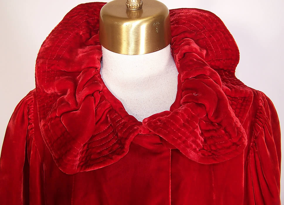 Vintage Red Silk Velvet Quilted Ruffle Collar Evening Coat Jacket close up