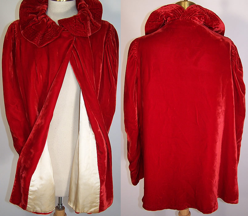 Vintage Red Silk Velvet Quilted Ruffle Collar Evening Coat Jacket shows the lining & back view.