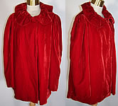 Vintage 1940s Red Silk Velvet Quilted Ruffle Collar Evening Coat Jacket