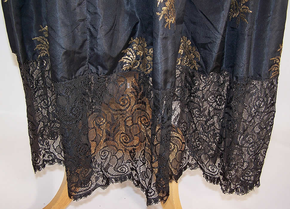 Vintage Black Silk Gold Metallic Lamé Embroidered Lace Drop Waist Dress skirt close up