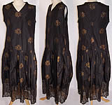 Vintage 1920s Black Silk Gold Metallic Lamé Embroidered Lace Drop Waist Dress