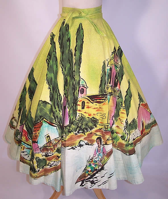 Vintage Xochimilco Canal Gondola Tourist Hand Painted Mexican Circle Skirt