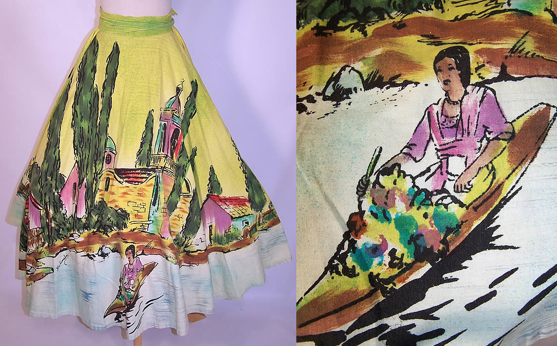 Vintage Xochimilco Canal Gondola Tourist Hand Painted Mexican Circle Skirt back view canoe close up