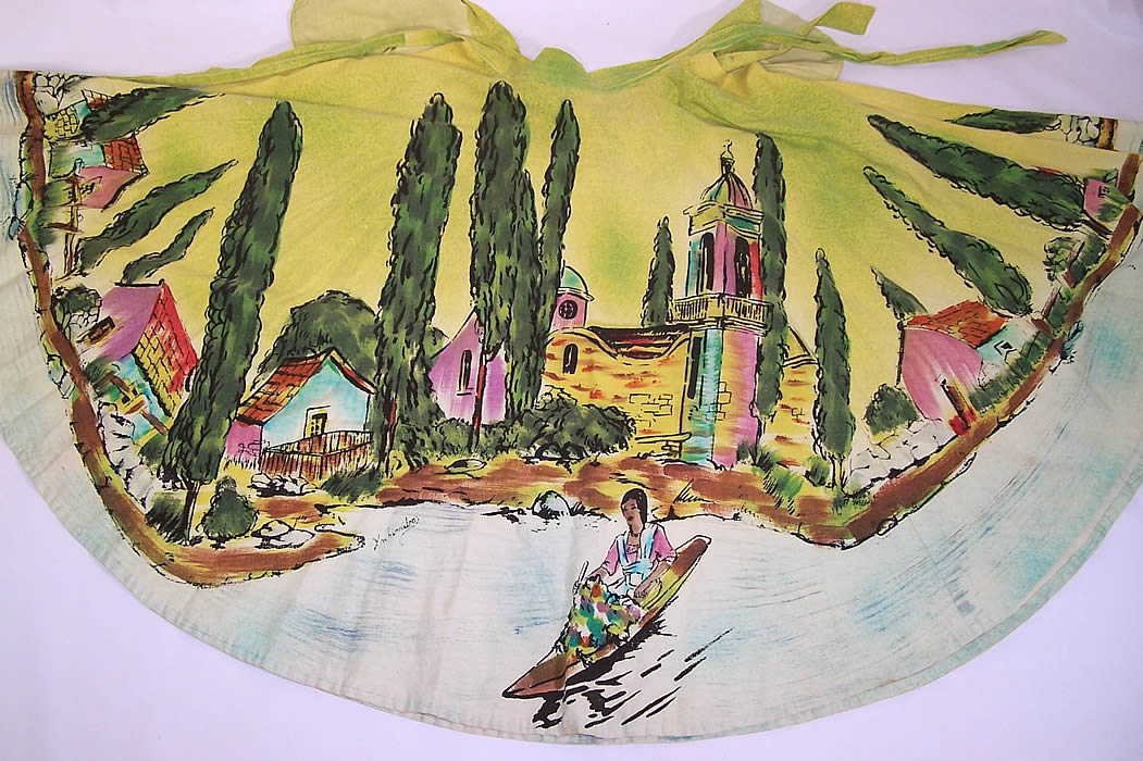 Vintage Xochimilco Canal Gondola Tourist Hand Painted Mexican Circle Skirt spread out to show the whole scene