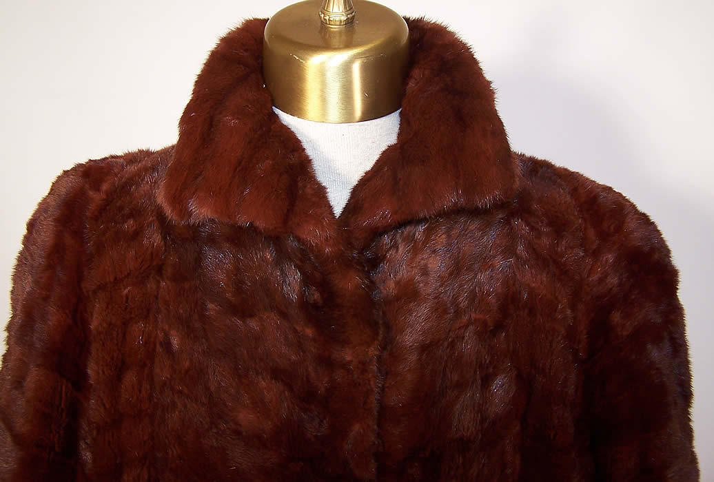 Vintage Royal C Mann Mahogany Brown Red Mink Fur Full Length Long Swing Coat close up