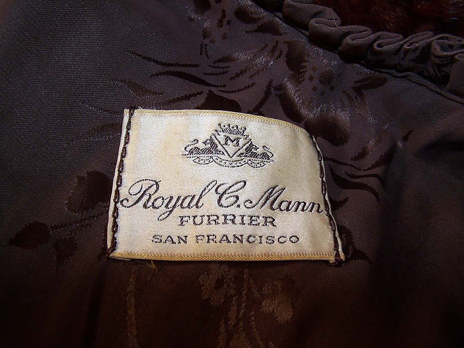 Vintage Royal C Mann Mahogany Brown Red Mink Fur Full Length Long Swing Coat label close up.