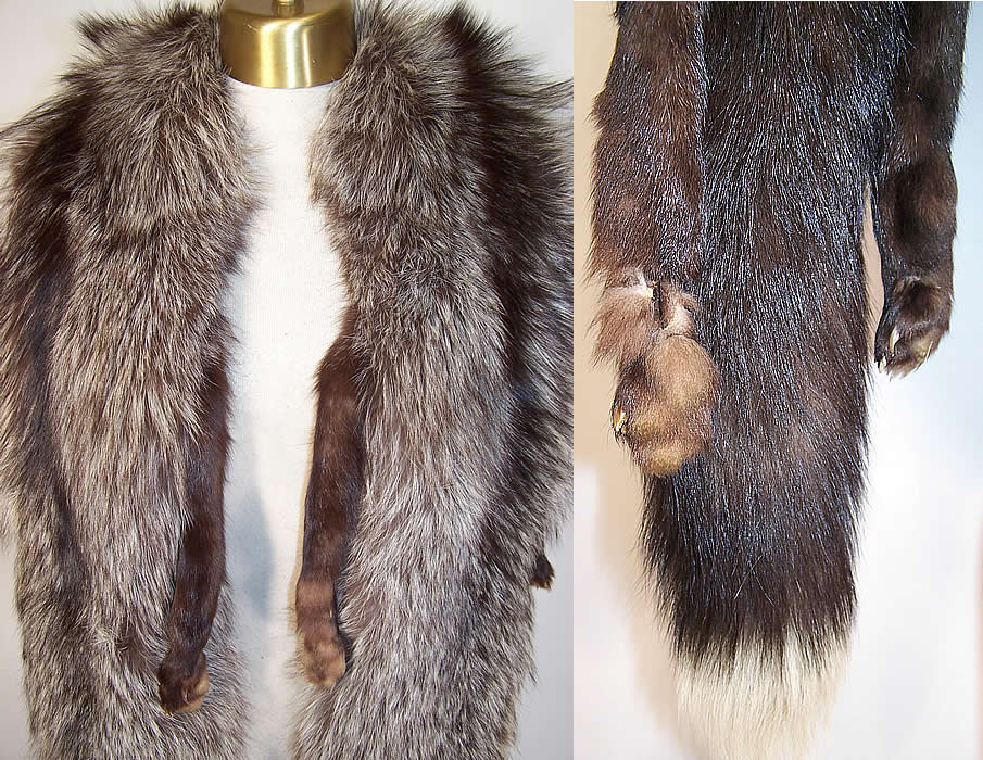 Vintage Liebs Furs Luxurious Silver Fox White Tip Tail Long Stole Shawl Wrap two close ups one shows only one loosely attached frayed paw to leg at the bottom