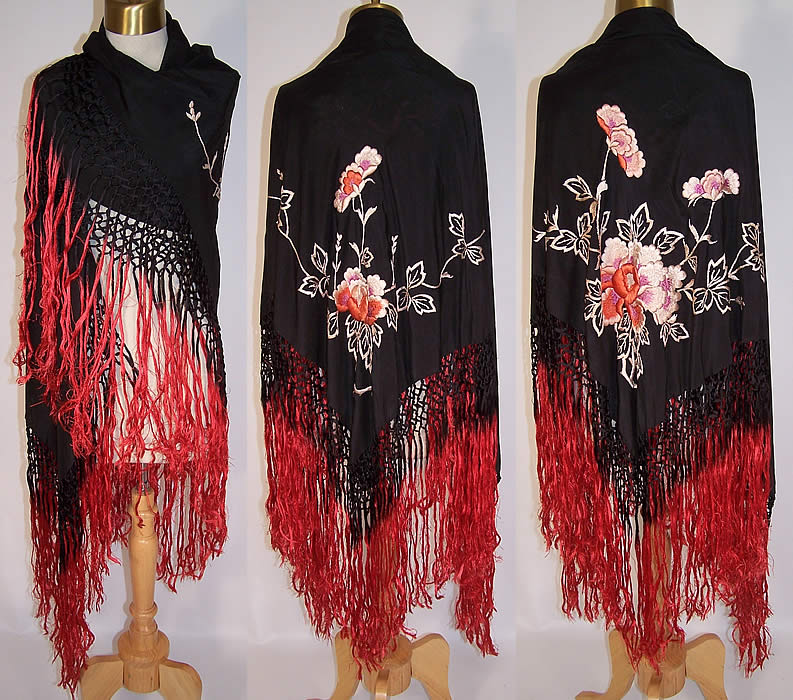 Antique Art Deco Black & Red Silk Roses Floral Embroidered Piano Shawl