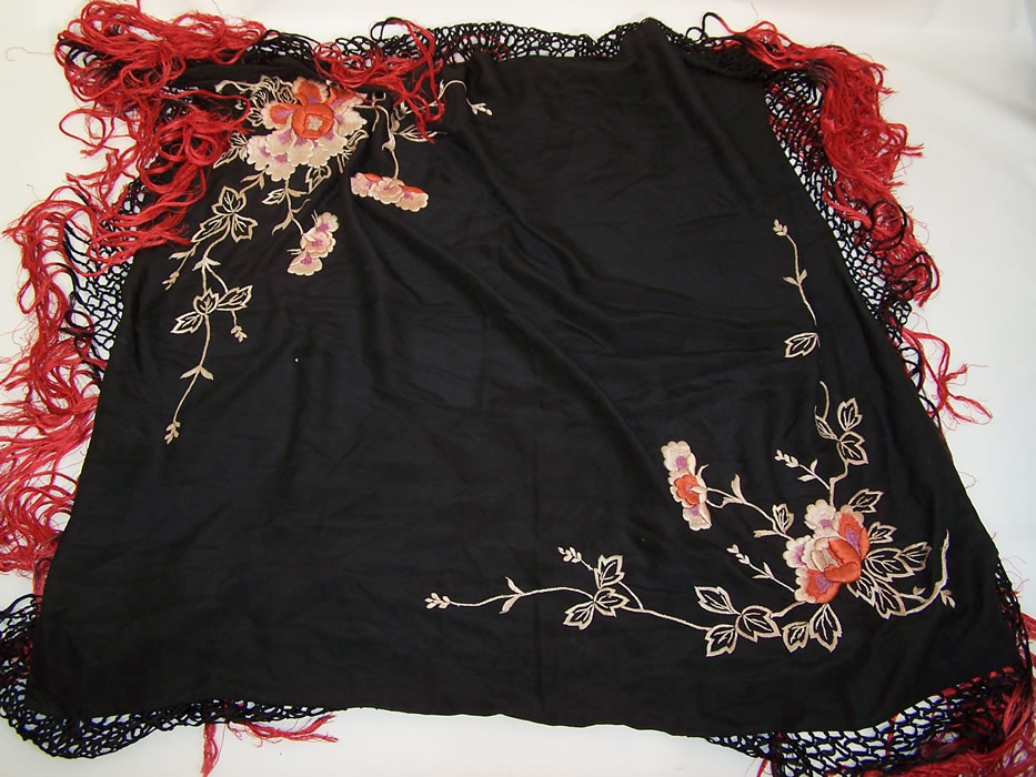 Antique Art Deco Black & Red Silk Roses Floral Embroidered Piano Shawl