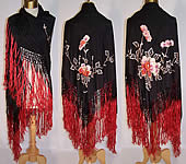 Antique 1920s Art Deco Black & Red Silk Roses Floral Embroidered Piano Shawl