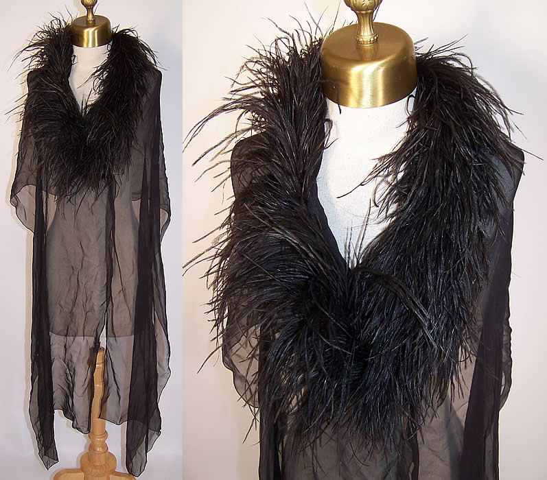 Vintage Black Ostrich Feather Boa Silk Chiffon Negligee Cape Shawl Robe