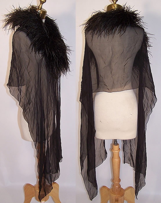 Vintage Black Ostrich Feather Boa Silk Chiffon Negligee Cape Shawl Robe side & back view