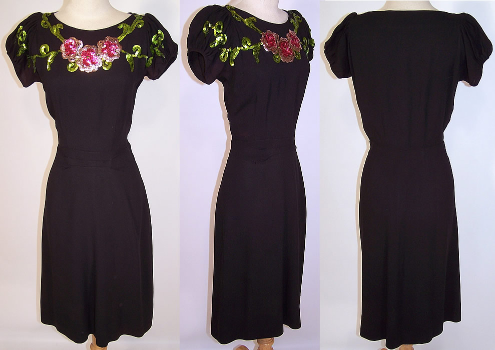 Vintage Ellen Kaye Black Silk Crepe Floral Sequin Swing Cocktail Dress