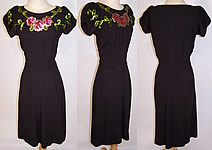 1940s Vintage Ellen Kaye Black Silk Crepe Floral Sequin Swing Cocktail Dress