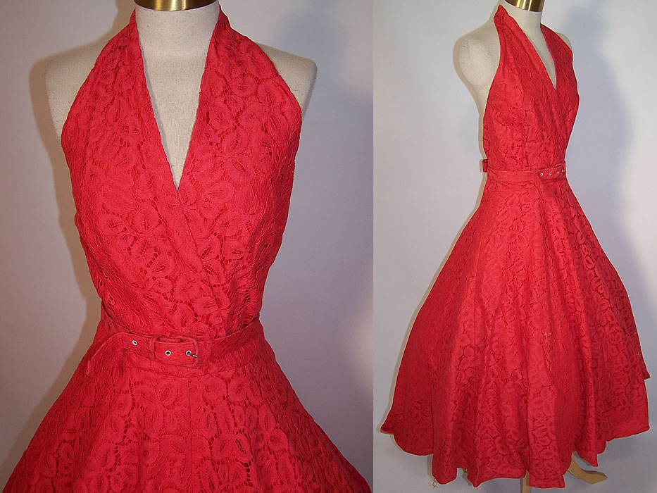 Vintage Ruth & Clara Hawaii Red Lace Halter Top Circle Skirt Belted Dress close up & side view.