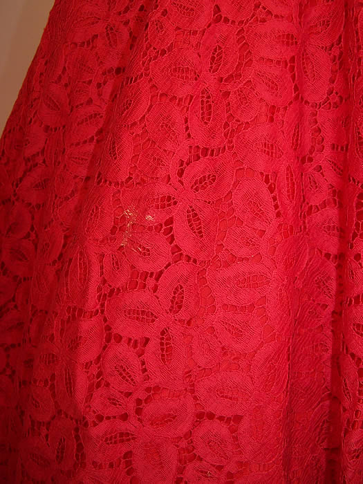 Vintage Ruth & Clara Hawaii Red Lace Halter Top Circle Skirt Belted Dress close up