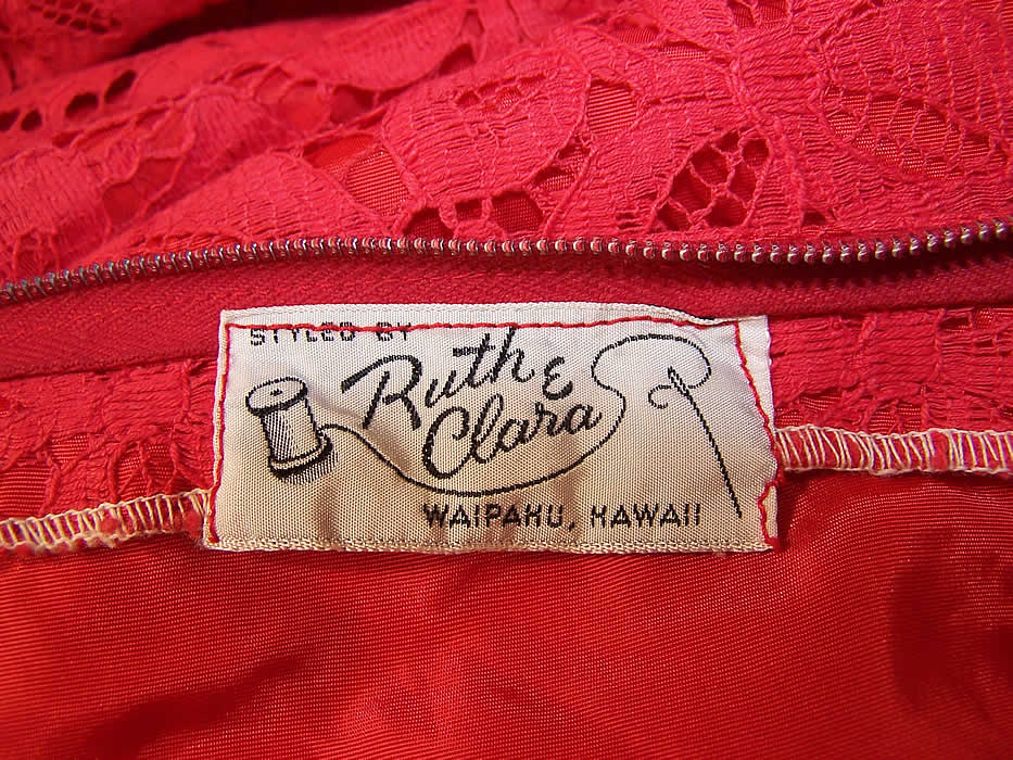 Vintage Ruth & Clara Hawaii Red Lace Halter Top Circle Skirt Belted Dress label close up.