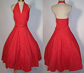 Vintage 1950s Ruth & Clara Hawaii Red Lace Halter Top Circle Skirt Belted Dress