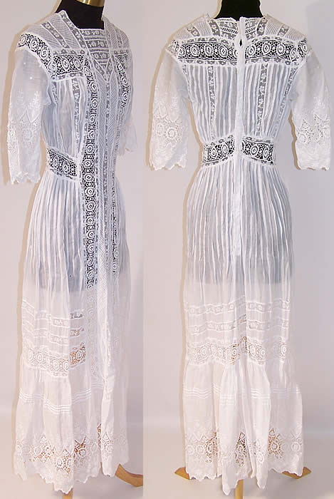 Edwardian Pleated White Cotton Batiste Lace Lawn Graduation Tea Dress side & back views