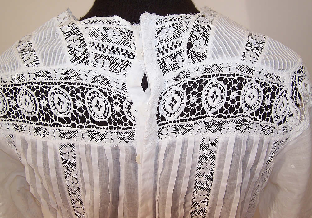 Edwardian Pleated White Cotton Batiste Lace Lawn Graduation Tea Dress back view close up