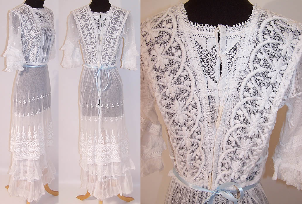 Edwardian White Embroidered Net Lace Graduation Wedding Dress side, back & back view close up