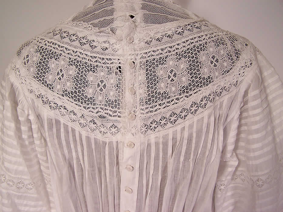 Edwardian High Collar Pleated White Cotton Batiste Lace Lawn Graduation Dress back view close up.