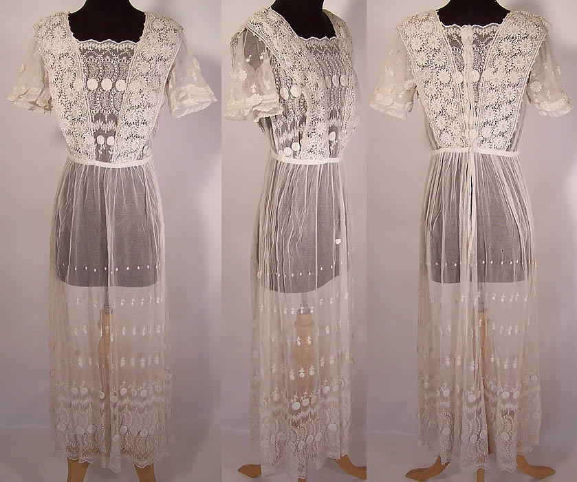 Edwardian White Embroidered Net Lace Graduation Wedding Dress 