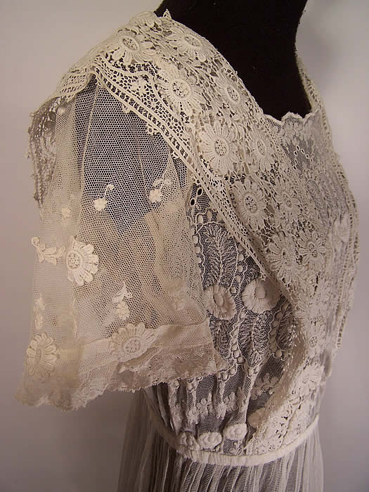 Edwardian White Embroidered Net Lace Graduation Wedding Dress side view close up