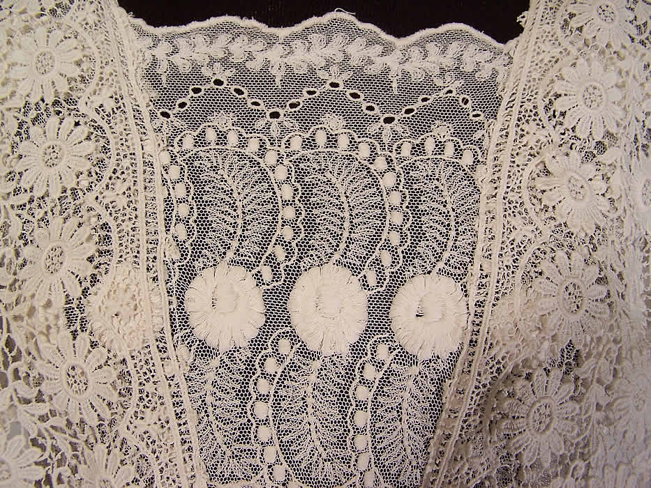 Edwardian White Embroidered Net Lace Graduation Wedding Dress close up.