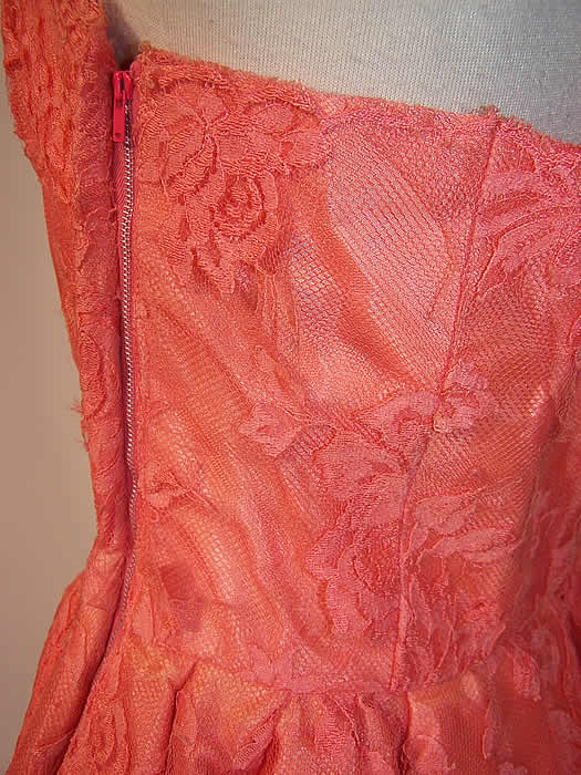 Vintage Coral Pink Lace Halter Top Mad Men Cocktail Formal Prom Dress a few frayed breaks in the lace near the side zipper 