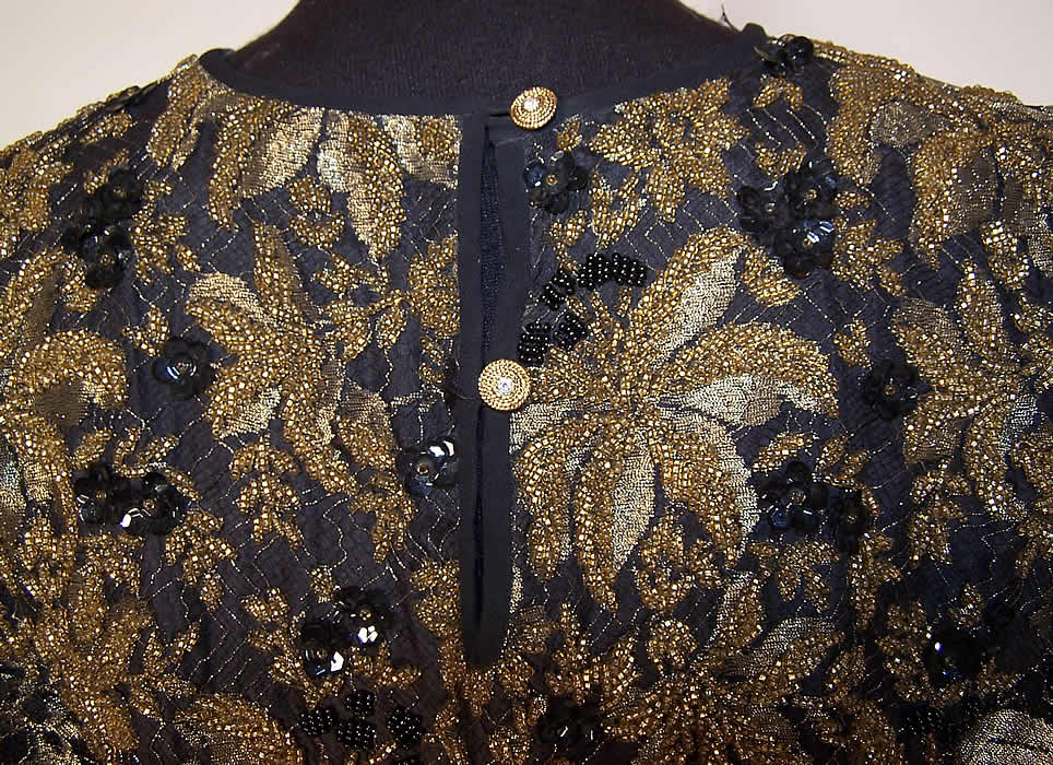 Vintage Diane Freis Black Silk Gold Lace Beaded Evening Gown Dress back view.