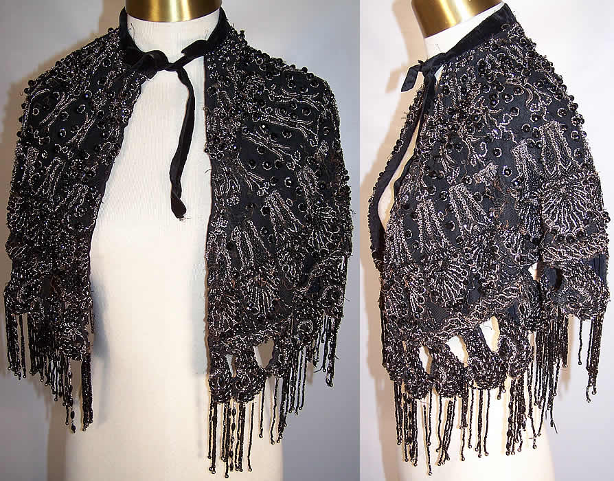 Victorian Black Net Jet & Steel Cut Beaded Fringe Evening Cape Cloak