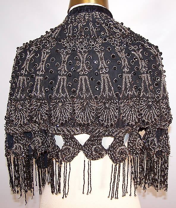 Victorian Black Net Jet & Steel Cut Beaded Fringe Evening Cape Cloak back view.