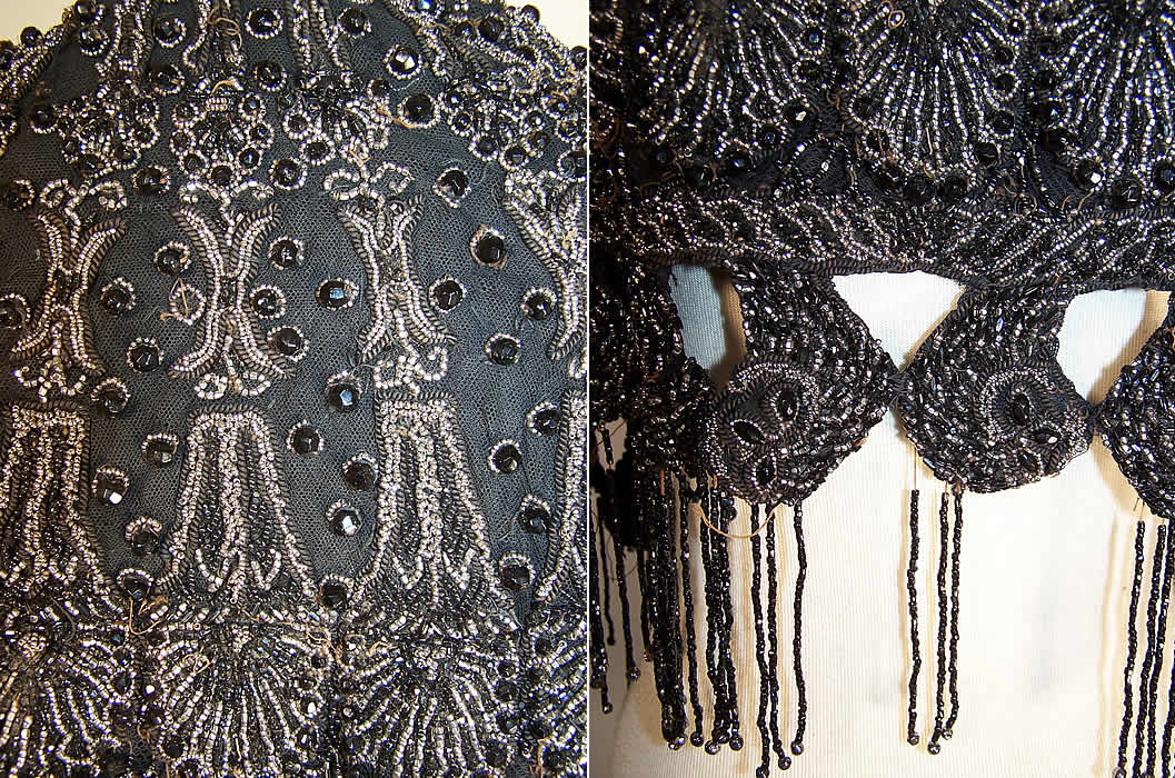 Victorian Black Net Jet & Steel Cut Beaded Fringe Evening Cape Cloak two close ups right one shows a some missing beads