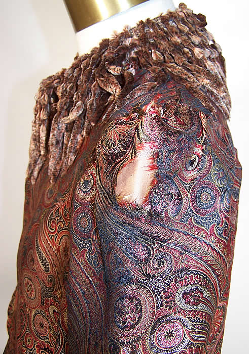 Victorian Iridescent Silk Paisley Chenille Fringe Dolman Mantle Cape each shoulder has a small frayed split in the silk