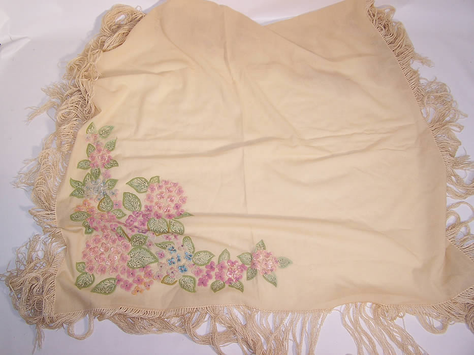 Vintage Cream Wool Pastel Violets French Knot Embroidered Fringe Shawl