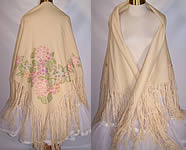 Vintage 1920s Cream Wool Pastel Violets French Knot Embroidered Fringe Shawl